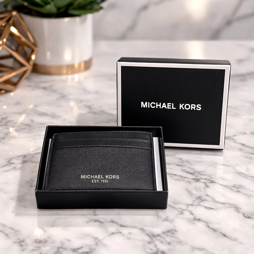 Michael Kors Andy Black Saffiano Leather Card Holder Wallet NWT